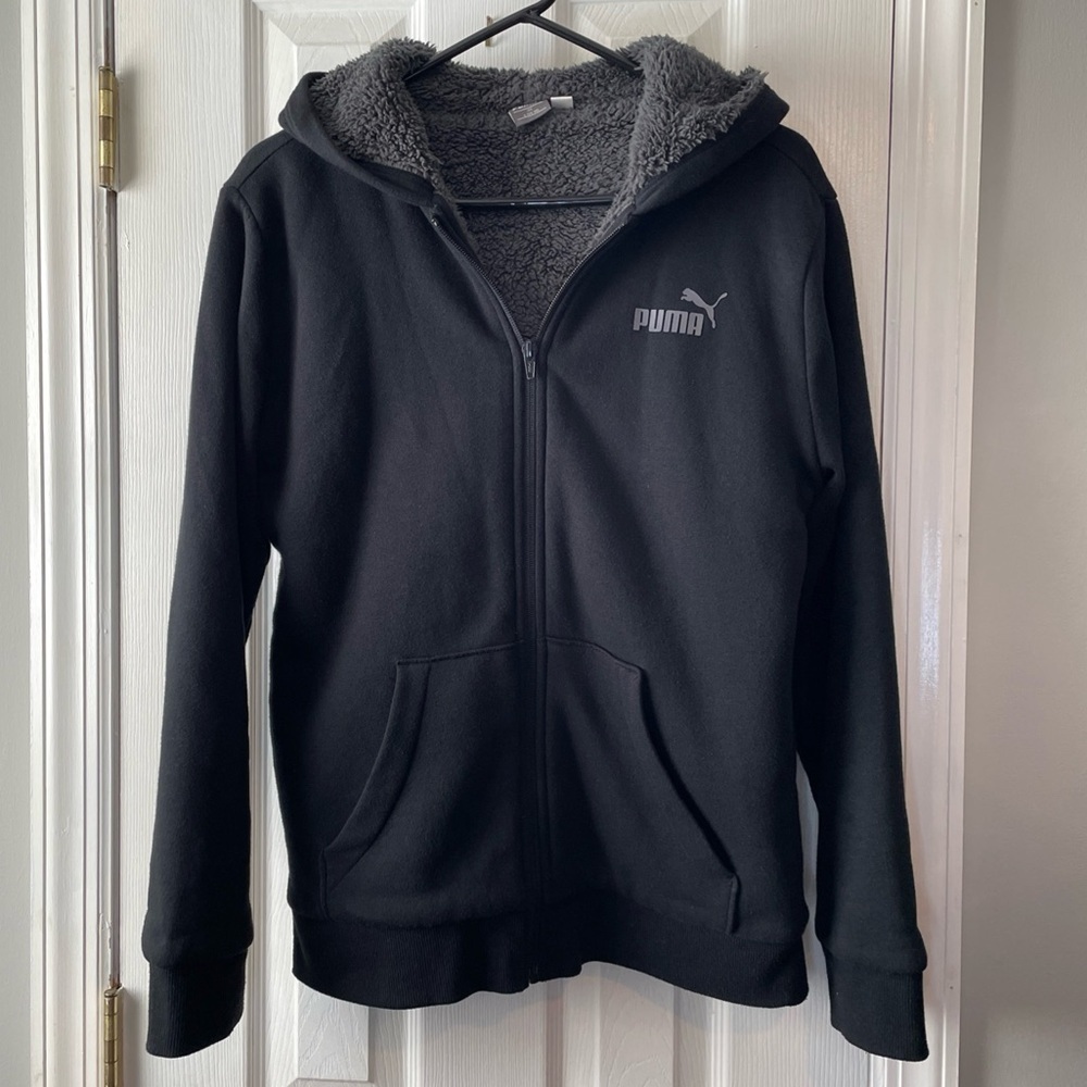 Puma Black Hoodie Youth Large 14/16 Gray Logo‎ Full Zip Pockets